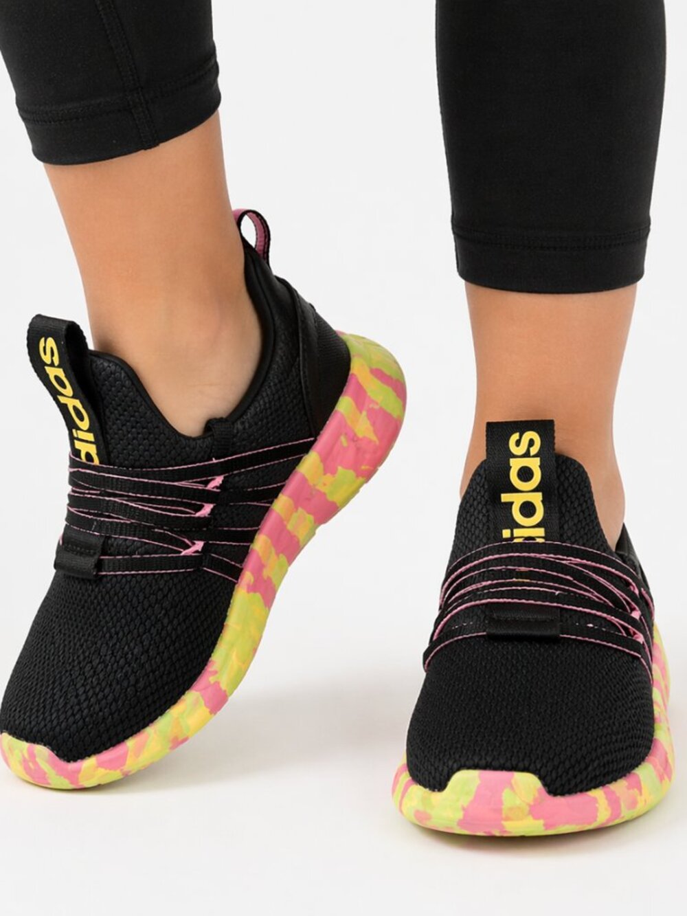 Adidas Kids Sneakers Size 13K Black Pink Yellow | Slip On Running Athletic Shoes